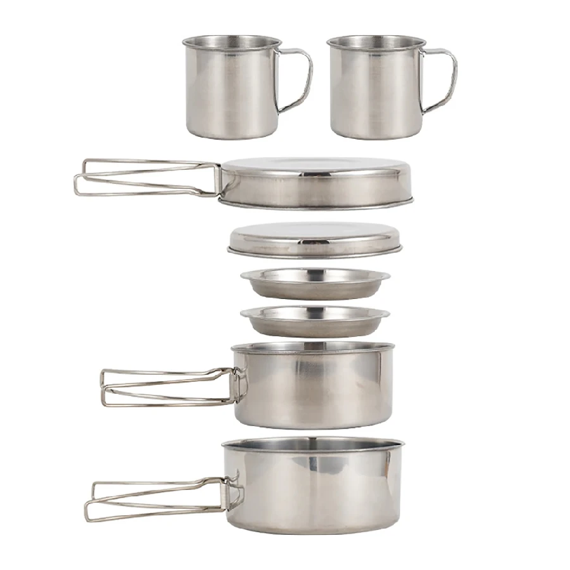 Camping Cooking Recipes - 8個/セット キャンプ調理器具セット ステンレス製調理鍋とフライパンセット プレートとカップ付き アウトドアハイキングバックパッキング用
