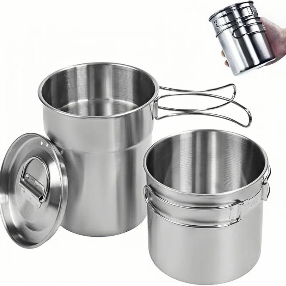 Camping Cooking Equipment - 折りたたみ式キャンプカップマグカップキャンプポット調理器具304食品グレード屋外キャンプクッキングセット（通気蓋付き、ステンレス鋼バックパック）