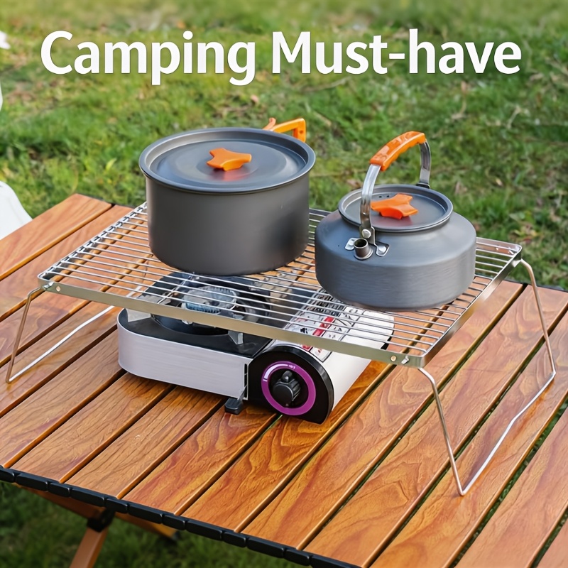 Camping Cooking Device - ポータブル折りたたみ式ステンレスキャンプファイヤースタンド – ハイキング、キャンプ、バーベキューグリル、鍋やフライパンの支え、グリッドラックに最適な軽量設計
