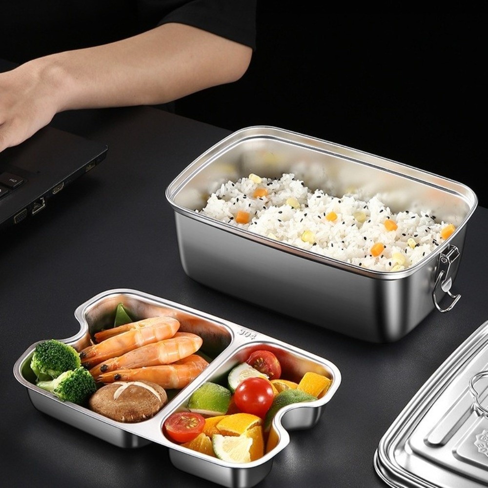 Camping Cooking Equipment - 二層ステンレス製ランチボックス、仕切り付き、漏れ防止、電子レンジ対応、ハンドル付き、滑り止め、フレッシュボックス、キャンプ用