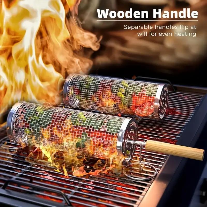 Camping Cooking Device - ステンレス製BBQグリルバスケット、丸型回転シリンダーケージ、肉・野菜・魚用ワイヤーメッシュ回転ラック、屋外キャンプピクニック用