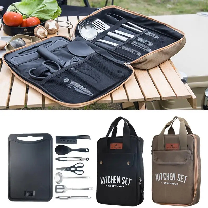 Camping Cooking Bundle - 8点セット キャンプキッチン調理器具セット ポータブル屋外旅行用具 ステンレス製調理・グリルセット バーベキューピクニック用