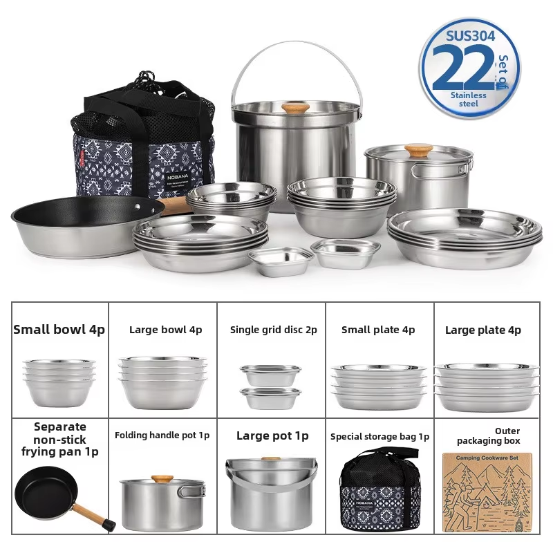 Camping Cooking Recipes - NOBANA 最新の屋外ステンレス鋼ポットセットキャンプファミリーポットセット 5L ポータブルピクニックスープポット揚げ蒸し家庭用ポット