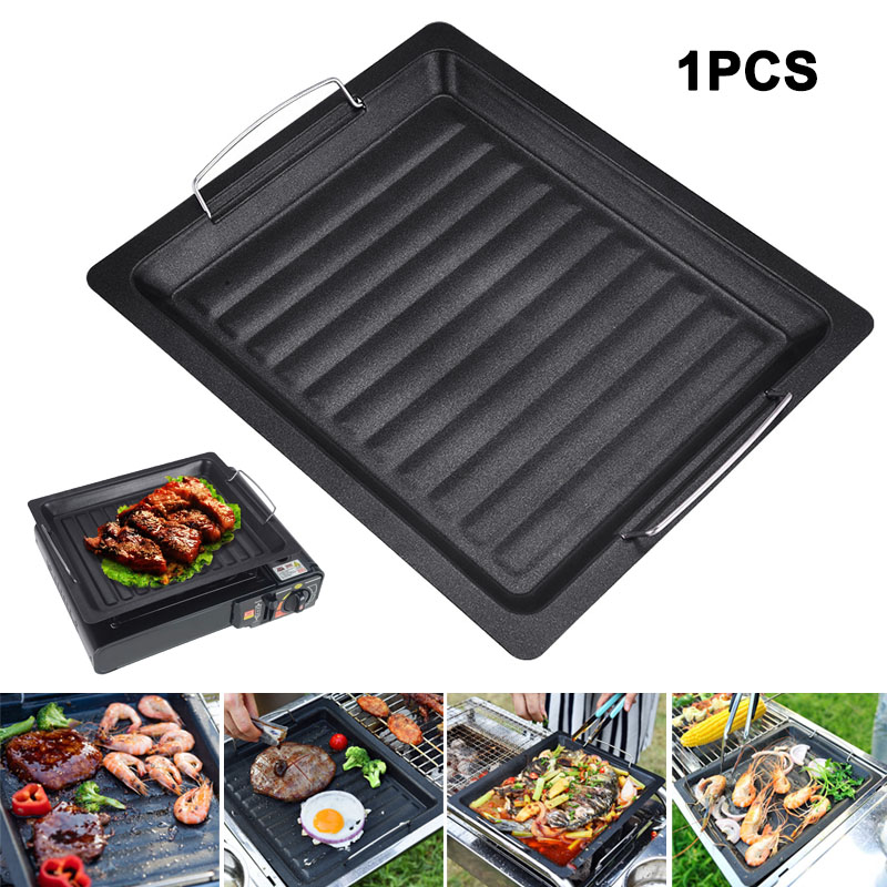 Camping Cooking Equipment - 屋外用厚い四角グリルパン 2つのハンドル付き ポータブルノンスティックグリルパン ベーキングトレイ 外出用 バーベキュー