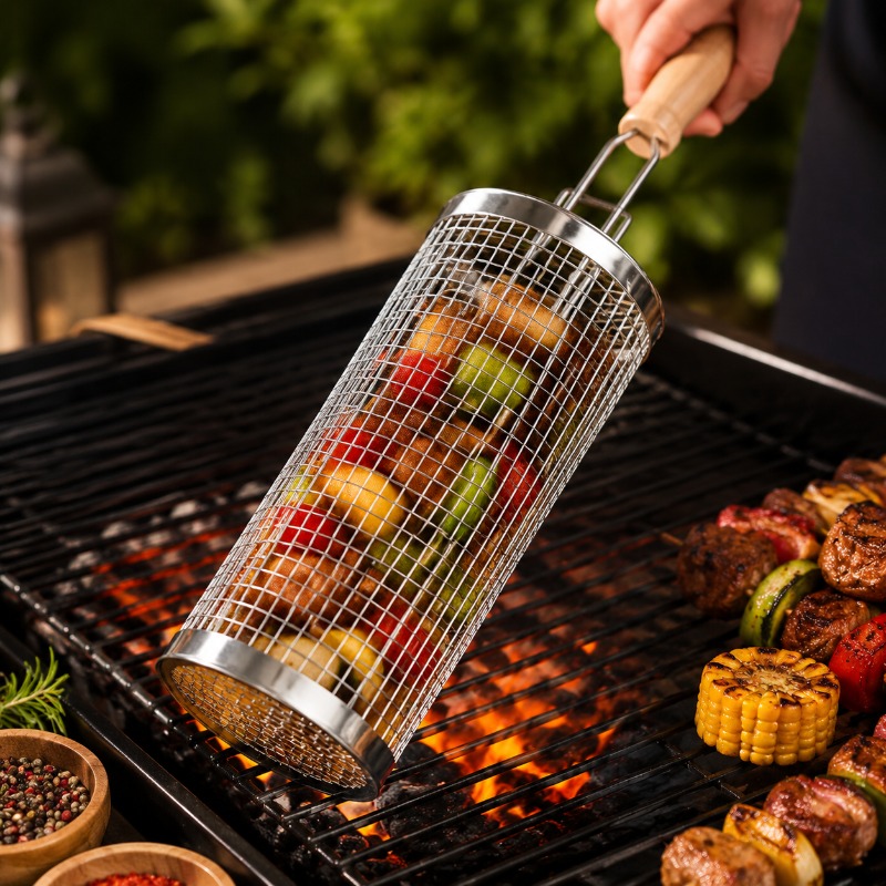 Camping Cooking Device - 丸型バーベキューグリルバスケットセット ステンレス製回転式スチールメッシュチューブ ハンドル付きバーベキューグリル アウトドアキャンプに欠かせないアイテム