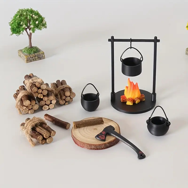Camping Cooking Device - ミニ焚き火吊り下げストーブポットドールハウスキャンプピクニック薪山砂テーブルマイクロ風景シーン装飾オーナメントおもちゃ