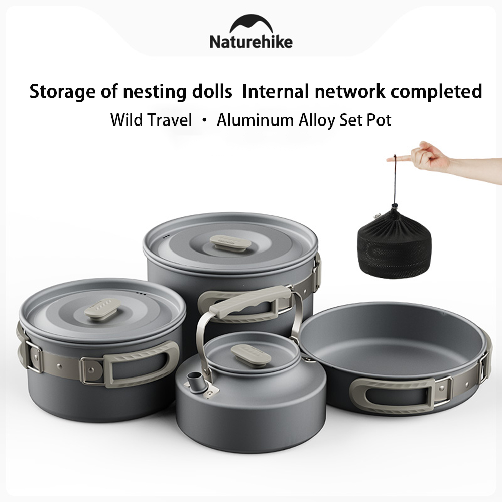 Camping Cooking Equipment - Naturehike アウトドアポットセット、キャンプ調理器具、ポータブルステンレス鋼フライパンハンギングポット、ハイキングピクニック食器