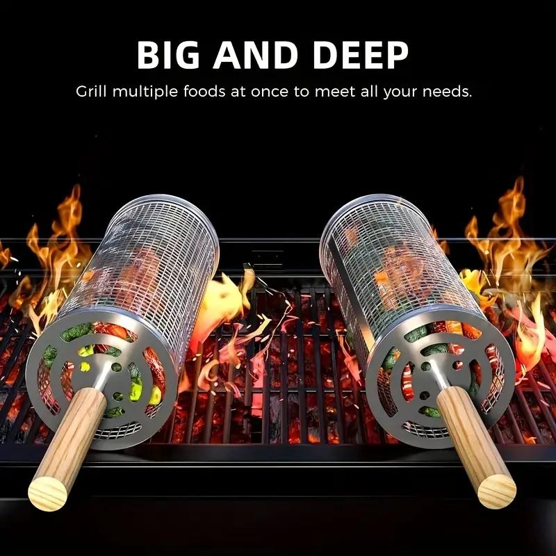 ステンレス製BBQグリルバスケット、丸型回転シリンダーケージ - Camping Cooking Device のレビューと価格