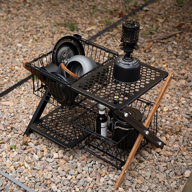 ポータブル折りたたみキャンプテーブルバスケット多層収納バスケ - Camping Cooking Organizer のレビューと価格